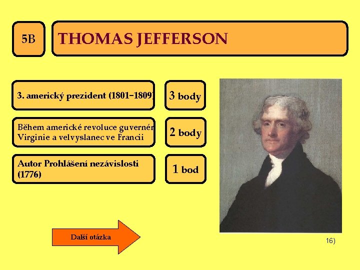 5 B THOMAS JEFFERSON 3. americký prezident (1801− 1809) 3 body Během americké revoluce