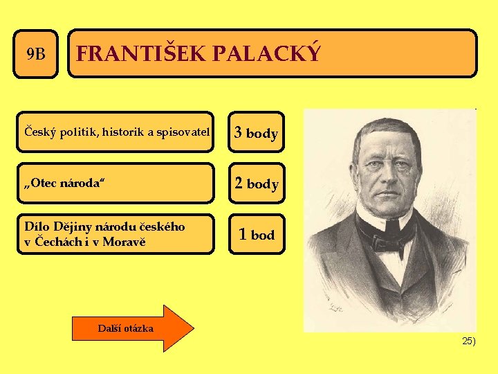 9 B FRANTIŠEK PALACKÝ Český politik, historik a spisovatel 3 body „Otec národa“ 2