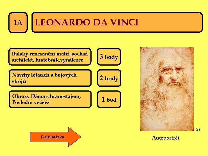 1 A LEONARDO DA VINCI Italský renesanční malíř, sochař, architekt, hudebník, vynálezce 3 body