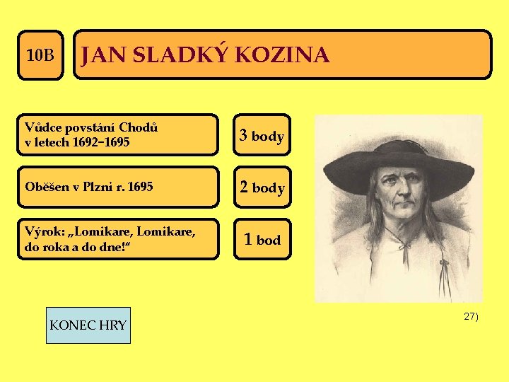 10 B JAN SLADKÝ KOZINA Vůdce povstání Chodů v letech 1692− 1695 3 body