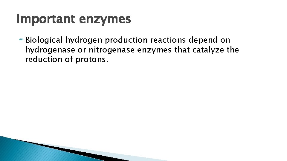 Important enzymes Biological hydrogen production reactions depend on hydrogenase or nitrogenase enzymes that catalyze