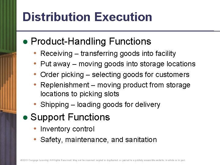 Distribution Execution ● Product-Handling Functions • • Receiving – transferring goods into facility Put