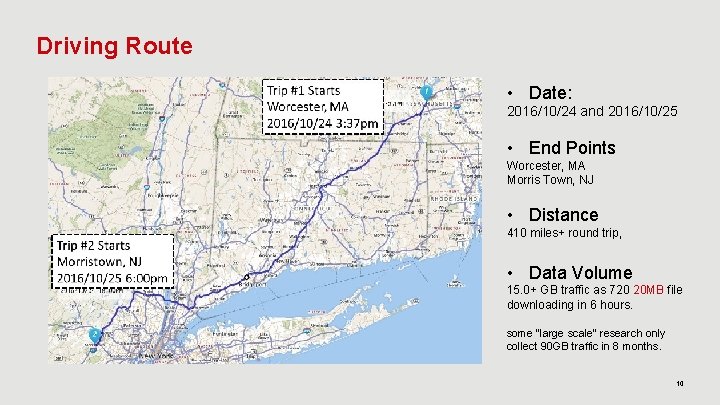 Driving Route • Date: 2016/10/24 and 2016/10/25 • End Points Worcester, MA Morris Town,