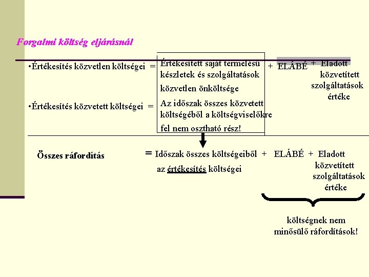 Forgalmi költség eljárásnál • Értékesítés közvetlen költségei = Értékesített saját termelésű + ELÁBÉ +