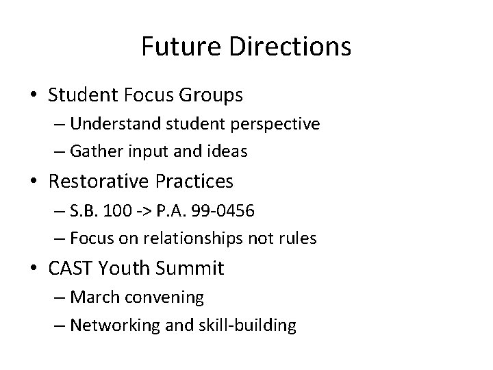 Future Directions • Student Focus Groups – Understand student perspective – Gather input and