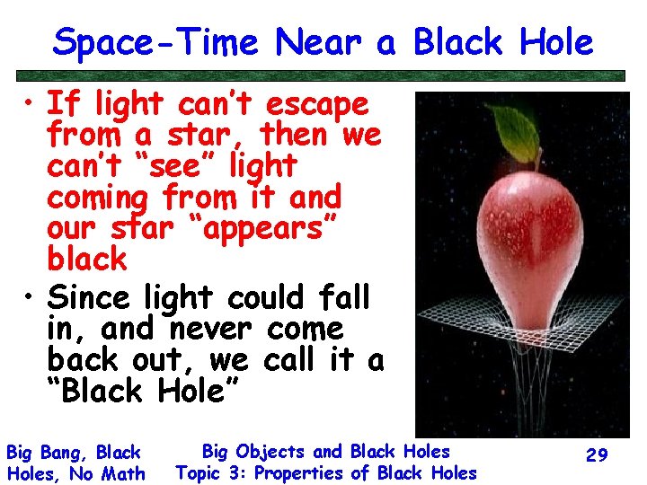 Space-Time Near a Black Hole • If light can’t escape from a star, then