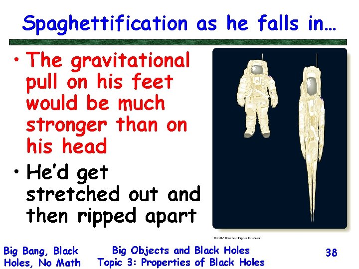 Spaghettification as he falls in… • The gravitational pull on his feet would be