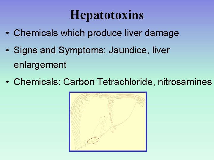 Hepatotoxins • Chemicals which produce liver damage • Signs and Symptoms: Jaundice, liver enlargement