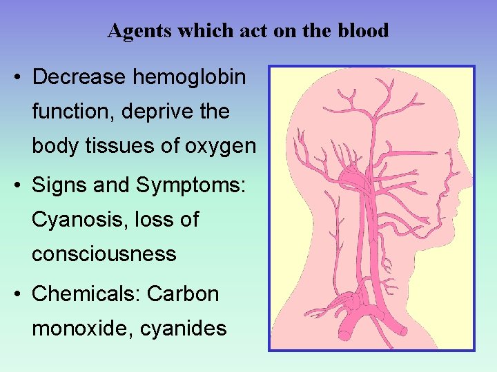 Agents which act on the blood • Decrease hemoglobin function, deprive the body tissues