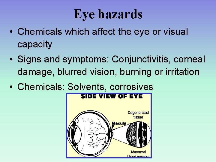 Eye hazards • Chemicals which affect the eye or visual capacity • Signs and