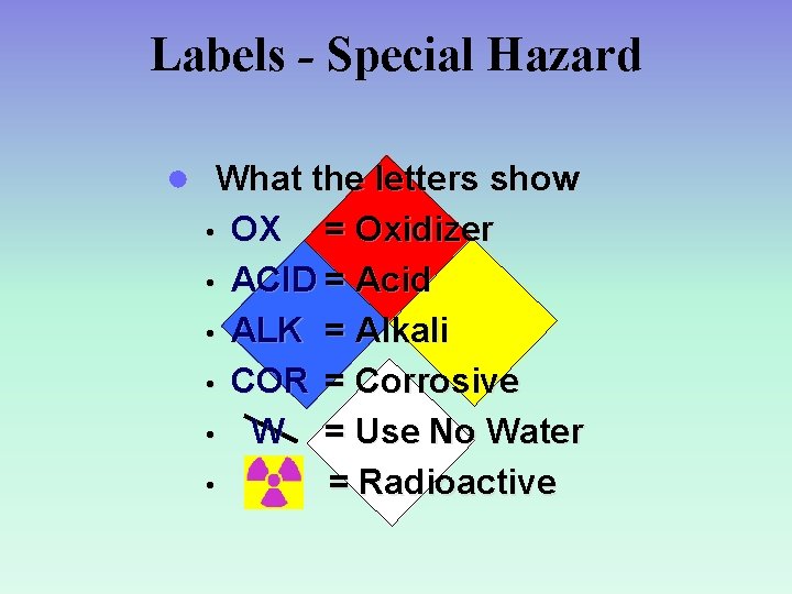 Labels - Special Hazard ● What the letters show • • • OX =