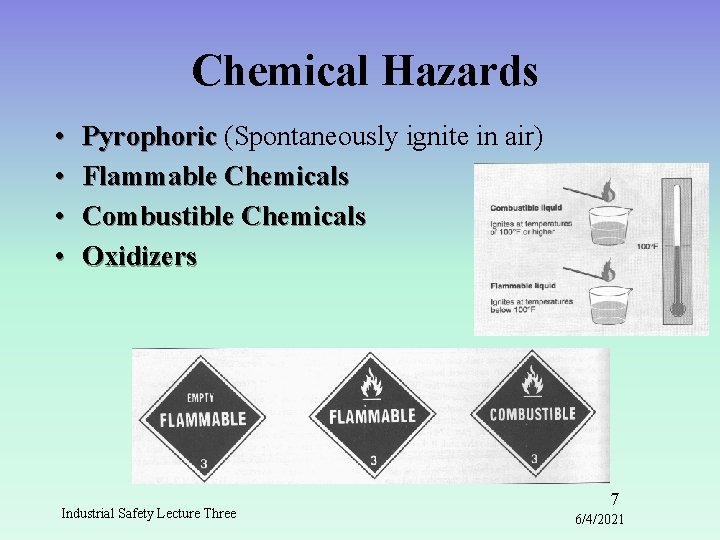 Chemical Hazards • • Pyrophoric (Spontaneously ignite in air) Flammable Chemicals Combustible Chemicals Oxidizers