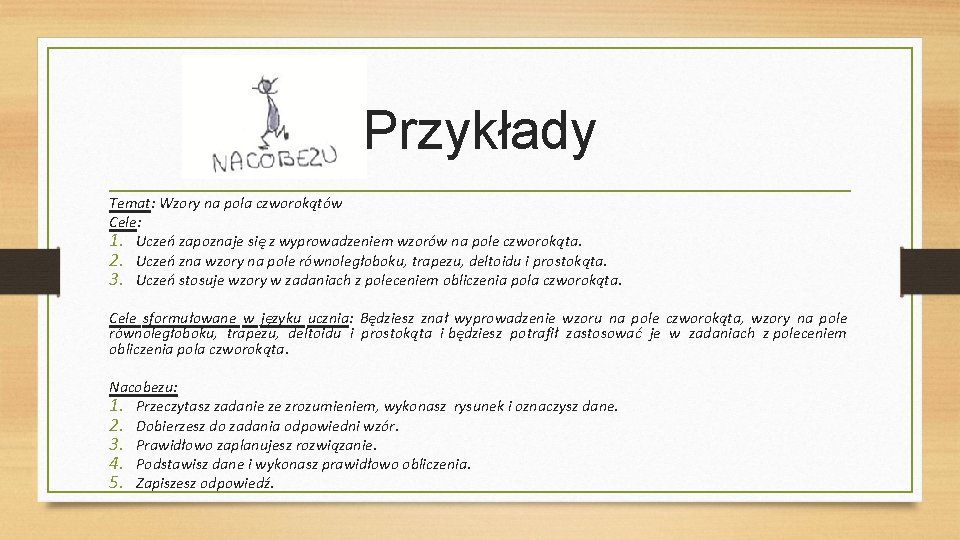 Przykłady Temat: Wzory na pola czworokątów Cele: 1. Uczeń zapoznaje się z wyprowadzeniem wzorów