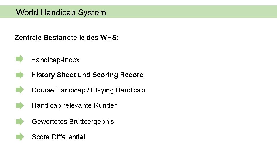 World Handicap System Zentrale Bestandteile des WHS: Handicap-Index History Sheet und Scoring Record Course