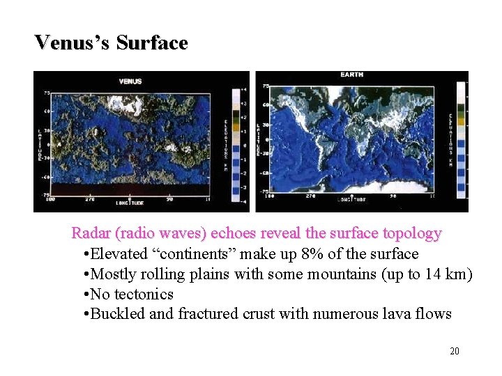 Venus’s Surface Radar (radio waves) echoes reveal the surface topology • Elevated “continents” make