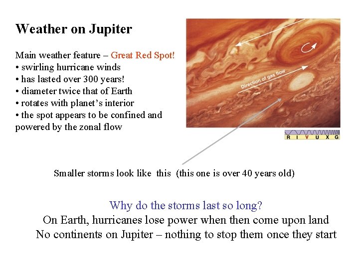 Weather on Jupiter Main weather feature – Great Red Spot! • swirling hurricane winds