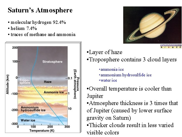 Saturn’s Atmosphere • molecular hydrogen 92. 4% • helium 7. 4% • traces of