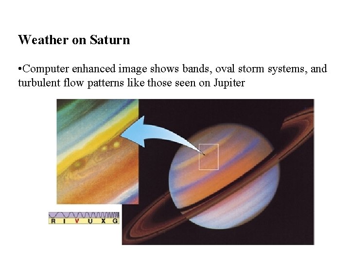Weather on Saturn • Computer enhanced image shows bands, oval storm systems, and turbulent