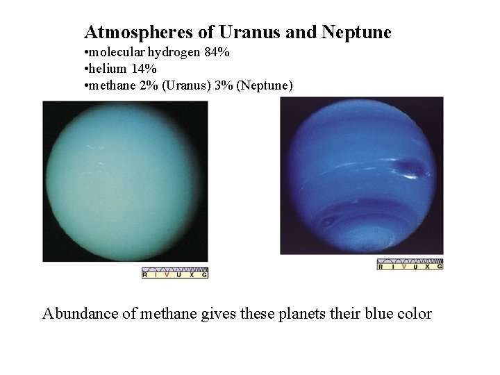 Atmospheres of Uranus and Neptune • molecular hydrogen 84% • helium 14% • methane