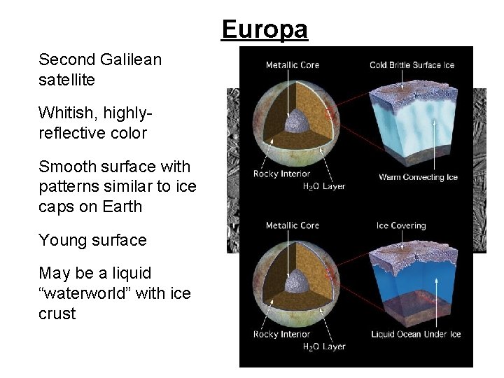 Europa • Second Galilean satellite • Whitish, highlyreflective color • Smooth surface with patterns