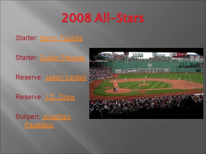 2008 All-Stars Starter: Kevin Youkilis Starter: Dustin Pedroia Reserve: Jason Varitek Reserve: J. D.