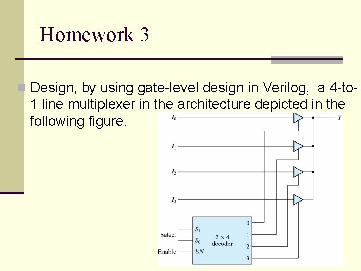 Homework 3 n Design, by using gate-level design in Verilog, a 4 -to- 1 Homework 3 n Design, by using gate-level design in Verilog, a 4 -to- 1