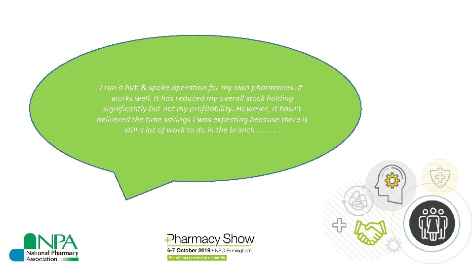 I run a hub & spoke operation for my own pharmacies. It works well.