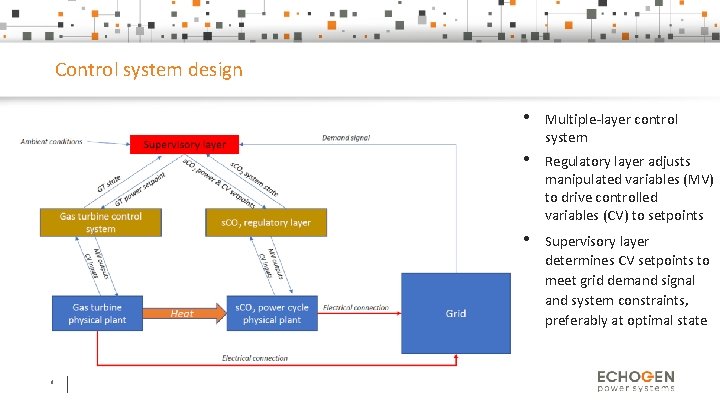 Control system design 9 • Multiple-layer control system • Regulatory layer adjusts manipulated variables