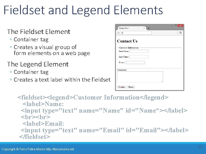 Fieldset and Legend Elements The Fieldset Element ◦ Container tag ◦ Creates a visual Fieldset and Legend Elements The Fieldset Element ◦ Container tag ◦ Creates a visual