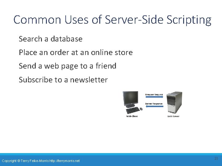 Common Uses of Server-Side Scripting Search a database Place an order at an online Common Uses of Server-Side Scripting Search a database Place an order at an online