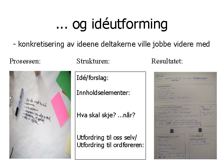 . . . og idéutforming - konkretisering av ideene deltakerne ville jobbe videre med