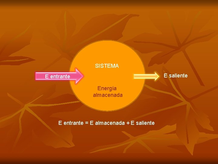 SISTEMA E saliente E entrante Energía almacenada E entrante = E almacenada + E