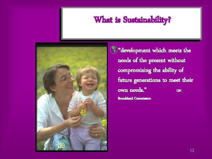 What is Sustainability? þ“development which meets the needs of the present without compromising the