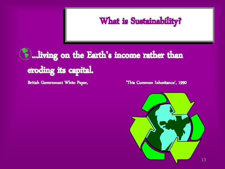 What is Sustainability? þ. . . living on the Earth's income rather than eroding