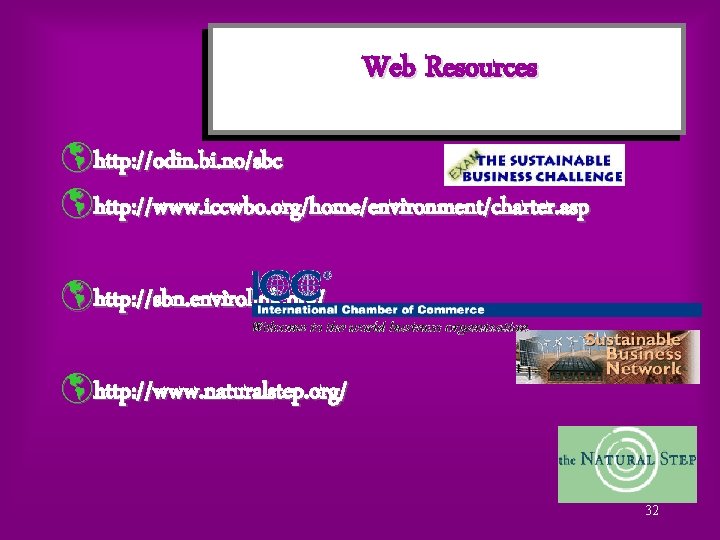 Web Resources þhttp: //odin. bi. no/sbc þhttp: //www. iccwbo. org/home/environment/charter. asp þhttp: //sbn. envirolink.