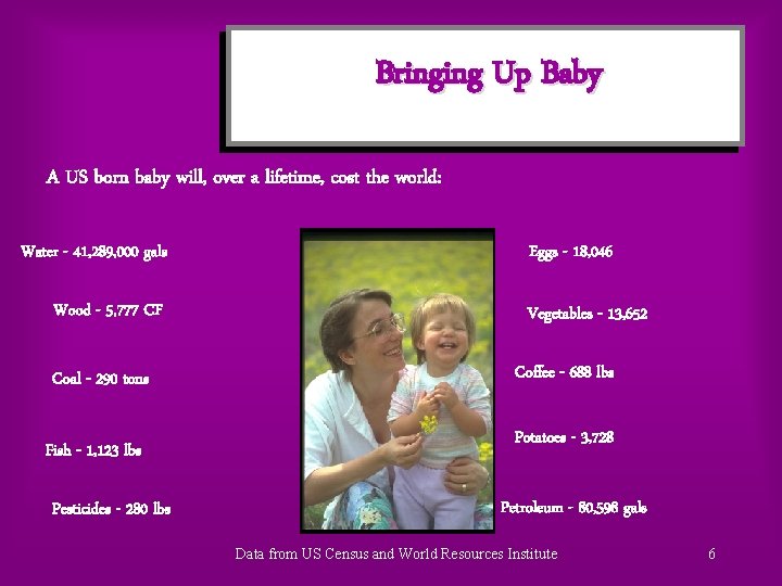 Bringing Up Baby A US born baby will, over a lifetime, cost the world: