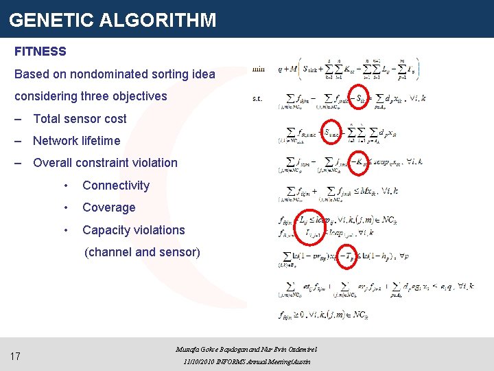 GENETIC ALGORITHM FITNESS Based on nondominated sorting idea considering three objectives – Total sensor