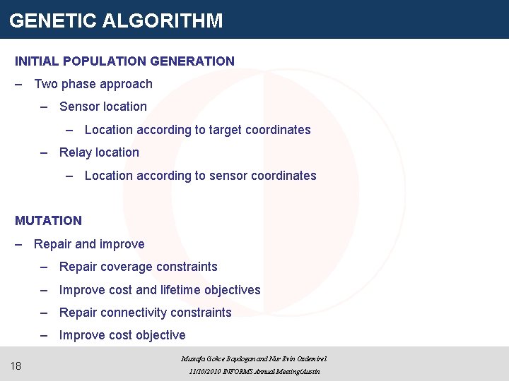 GENETIC ALGORITHM INITIAL POPULATION GENERATION – Two phase approach – Sensor location – Location