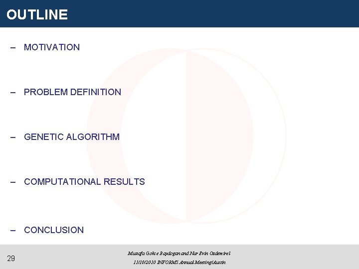 OUTLINE – MOTIVATION – PROBLEM DEFINITION – GENETIC ALGORITHM – COMPUTATIONAL RESULTS – CONCLUSION