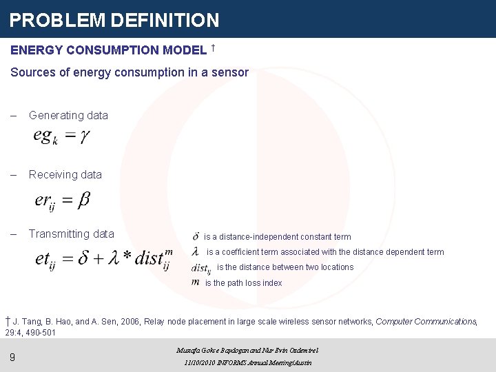 PROBLEM DEFINITION ENERGY CONSUMPTION MODEL † Sources of energy consumption in a sensor –
