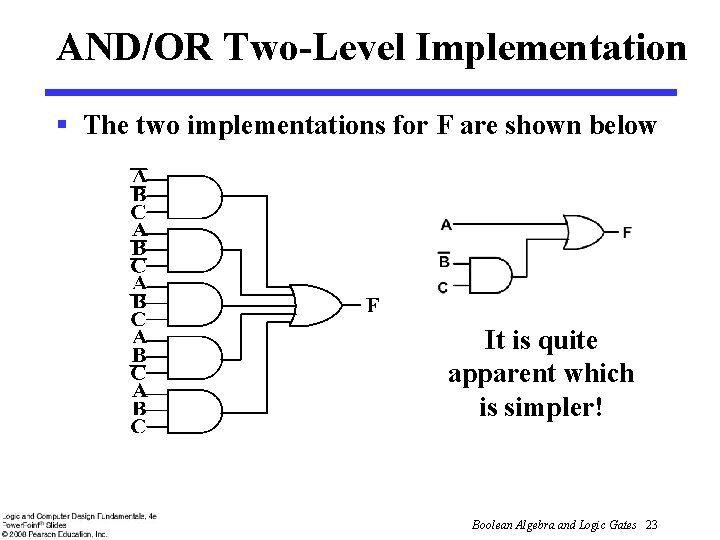 AND/OR Two-Level Implementation § The two implementations for F are shown below It is