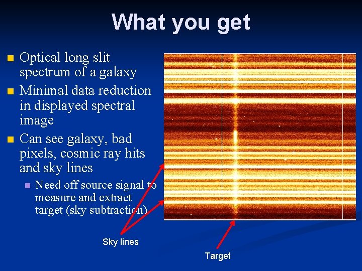 What you get Optical long slit spectrum of a galaxy Minimal data reduction in