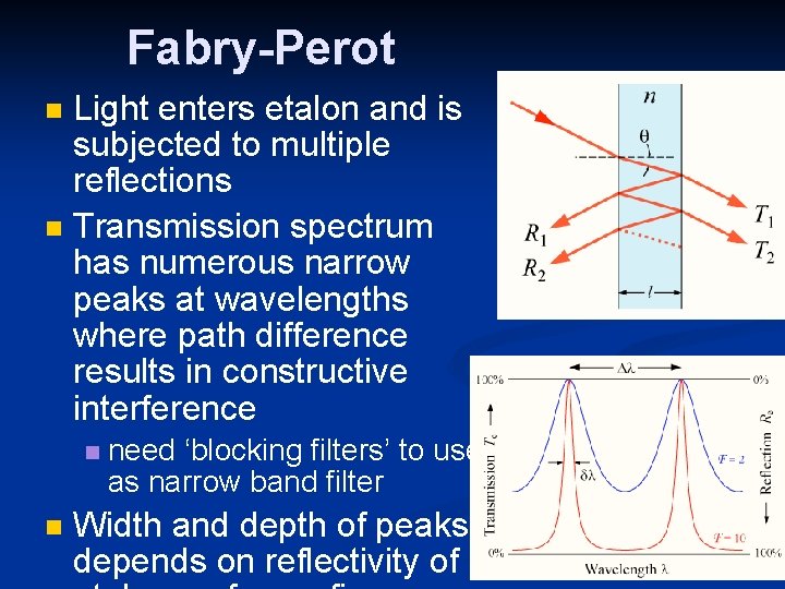 Fabry-Perot Light enters etalon and is subjected to multiple reflections Transmission spectrum has numerous