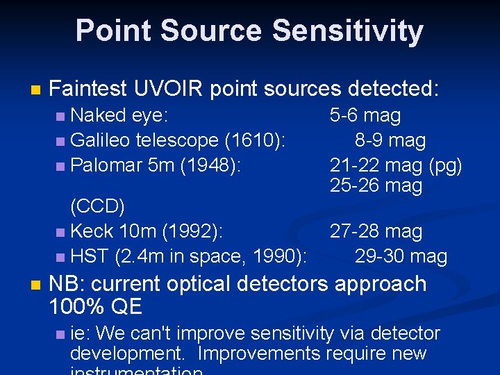 Point Source Sensitivity Faintest UVOIR point sources detected: Naked eye: Galileo telescope (1610): Palomar