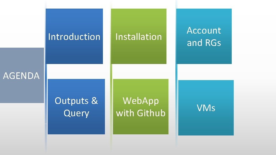 Introduction Installation Account and RGs Outputs & Query Web. App with Github VMs AGENDA Introduction Installation Account and RGs Outputs & Query Web. App with Github VMs AGENDA