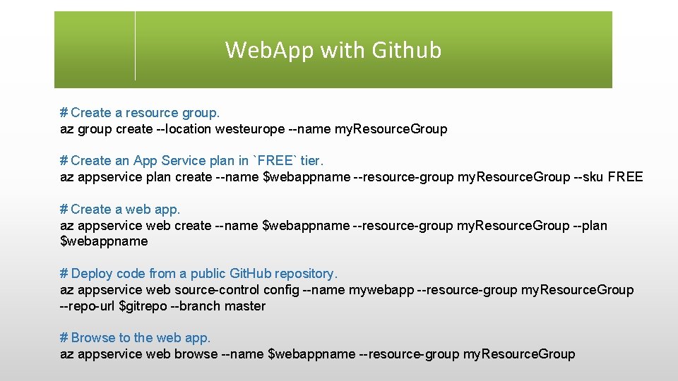 Web. App with Github # Create a resource group. az group create --location westeurope Web. App with Github # Create a resource group. az group create --location westeurope