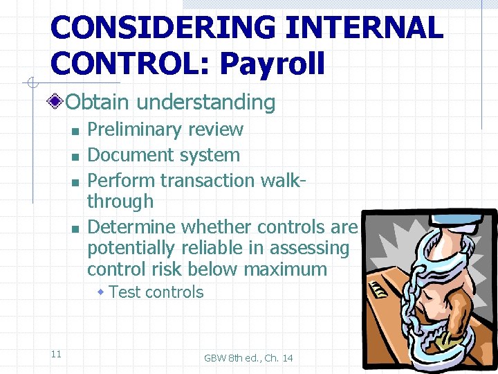 CONSIDERING INTERNAL CONTROL: Payroll Obtain understanding n n Preliminary review Document system Perform transaction