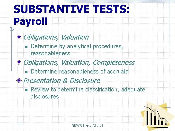 SUBSTANTIVE TESTS: Payroll Obligations, Valuation n Determine by analytical procedures, reasonableness Obligations, Valuation, Completeness