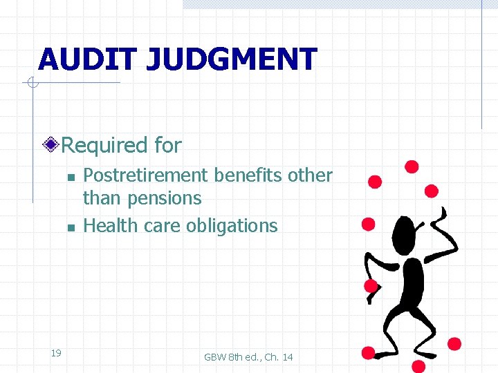 AUDIT JUDGMENT Required for n n 19 Postretirement benefits other than pensions Health care