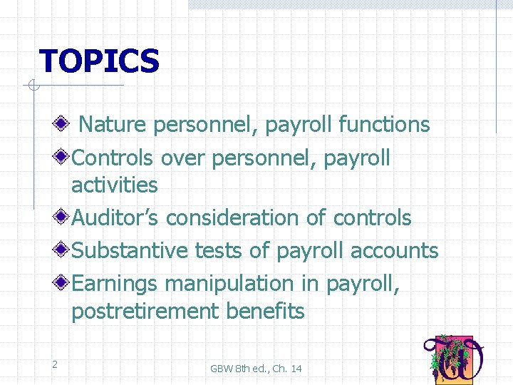 TOPICS Nature personnel, payroll functions Controls over personnel, payroll activities Auditor’s consideration of controls